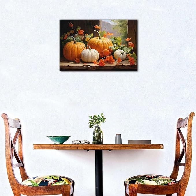 Pumpkin Canvas Wall Art Fall Pictures Maple Leaf Autumn Decor Thanksgiving Wall Framed Prints Rustic Halloween Themed Wall Decor Modern Artwork for Living Room Kitchen Bedroom Home Decorations 16x24”