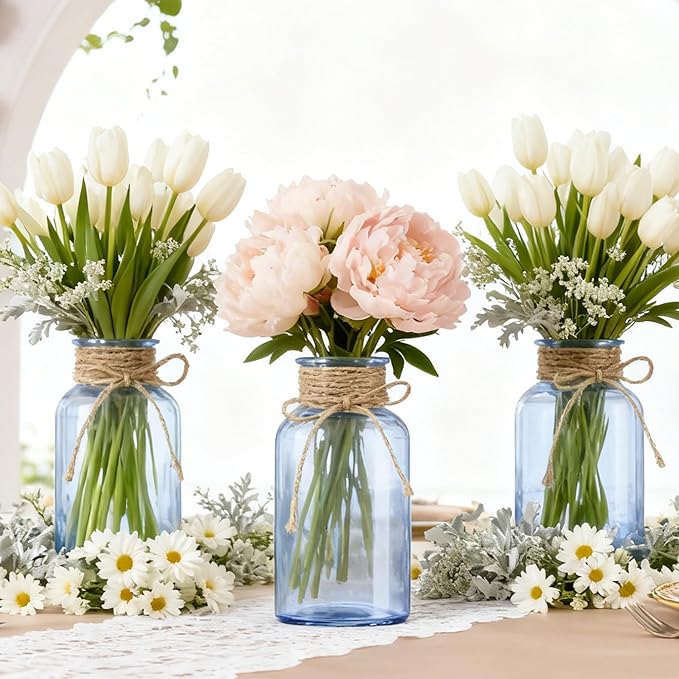Vintage Glass Flower Vase, Farmhouse Glass Centerpiece Vases Mason Jars for Weddings, Parties & Home Decor Bulk (12, Blue)