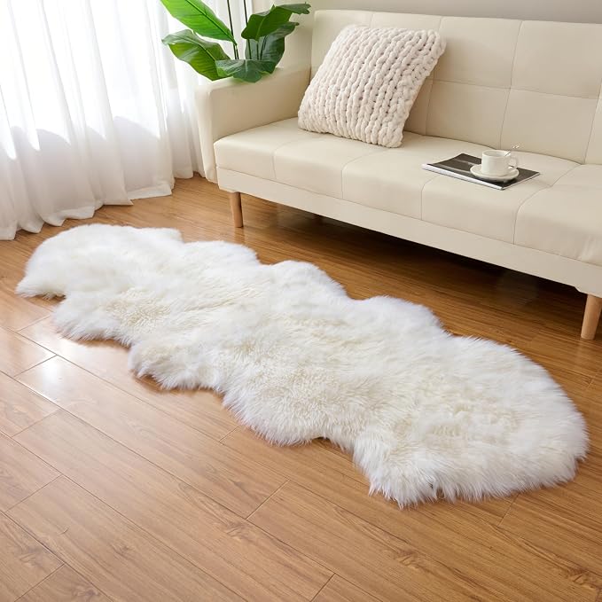 Premium Genuine Sheepskin Area Ruge - Real Wool Fur Shaggy Carpet | Fluffy Soft Natural Lambskin Rug Seat Chair Covers for Couch Sofa Bedroom Living Room(Ivory White,2×6 Feet Sheepskin)