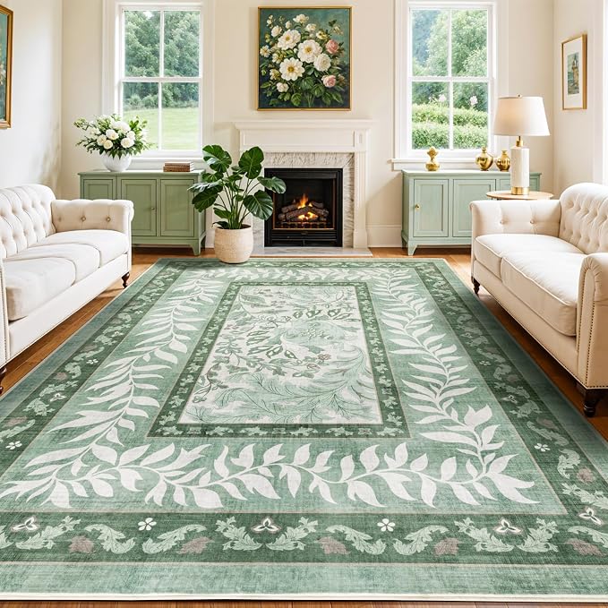 LIANLAM Washable Rug 10x14 Area Rugs for Living Room - Stain Resistant Non-Slip Backing Floral Design Rug for Bedroom,Durable & Ultra-Thin Vintage Large Area Rug(10x14,Green)