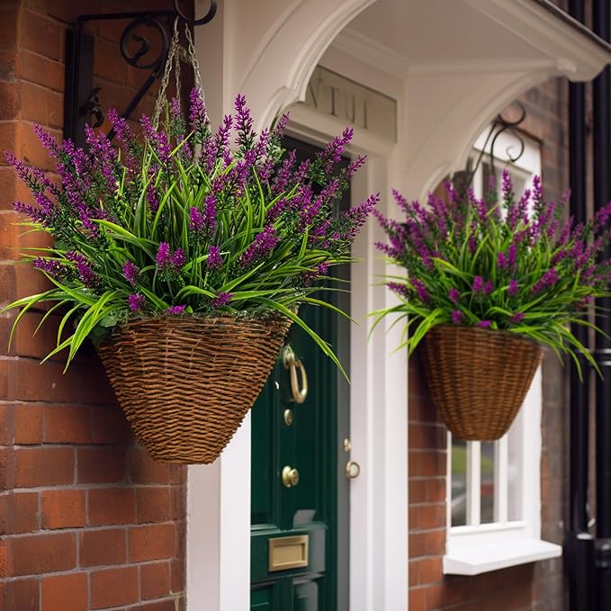 Nigirior Artificial Flowers for Outdoor Plants 24 Bundles Fake Lavender Plastic Faux Monkey Grass for Verandah Window Garden Office Patio Front Porch UV Resistant for Planter(Fuchsia)