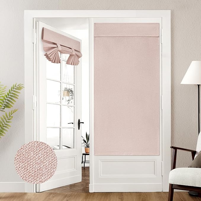 HOMEIDEAS 100% Blush Pink Linen Blackout French Door Curtains, Privacy Door Window Curtains, 34 X 68 Inch Room Darkening Blinds, Thermal Insulated Shades for Bedroom, 1 Panel