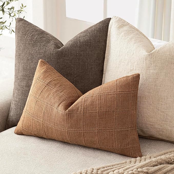 Foindtower Set of 2 Decorative Linen Check Throw Pillow Covers Neutral Farmhouse Lumbar Cushion Covers Modern Boho Home Decor for Sofa Chair Couch Bedroom Living Room,12×24 Inch,Brick