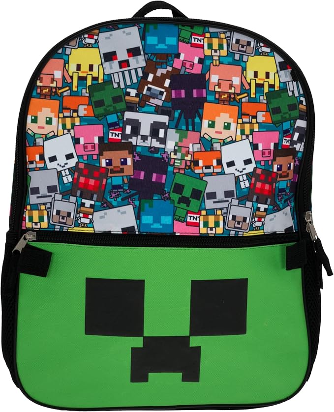 AI ACCESSORY INNOVATIONS Minecraft 5 PC Backpack Set, Creeper 3D Molded Front Panel, 16" Boys & Girls School Bag