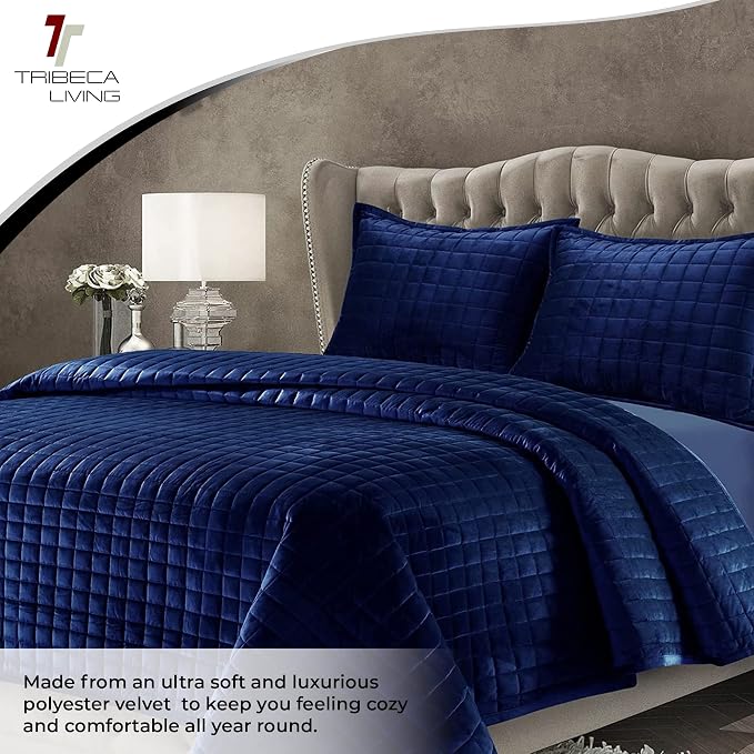 Tribeca Living Luxury Velvet Quilt King Size Set - 260GSM Ultra-Soft Oversized Velvet Bedspread Comforter Set with 2 Shams, in Florence Navy Blue