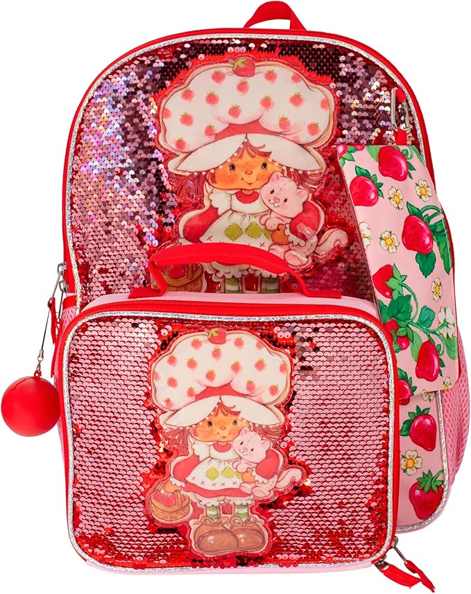 AI ACCESSORY INNOVATIONS Strawberry Shortcake 5 Piece Backpack Set, Flip Sequin Girls School Bag with Front Zip Pocket, 2 Side Mesh Pockets, Pink & Red