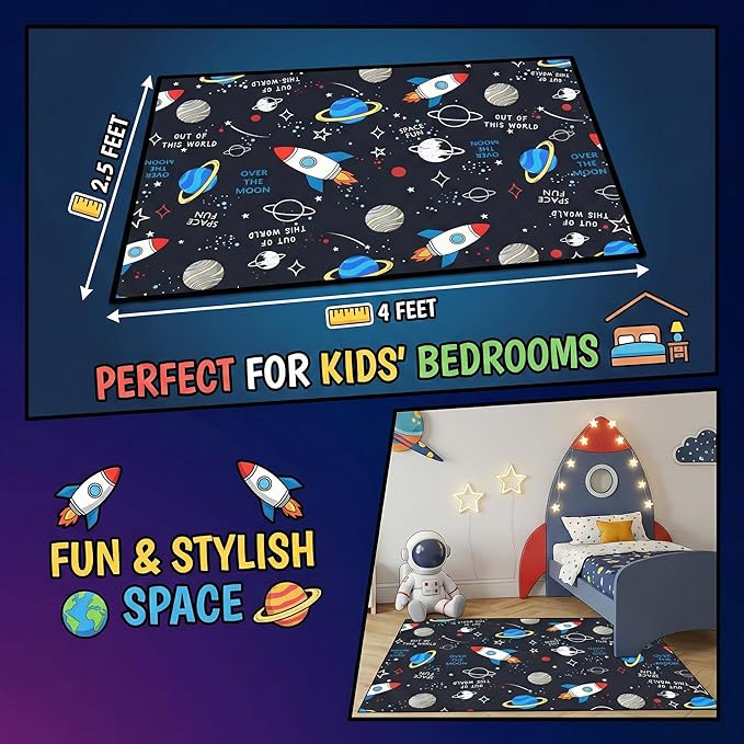 Space Rug for Kids Room 2.5x4 Feet, Solar System Rugs for Bedroom, Non-Slip Play Mat with Planets Rockets Stars, Educational Area Rug for Boys Playroom Nursery Classroom Decor