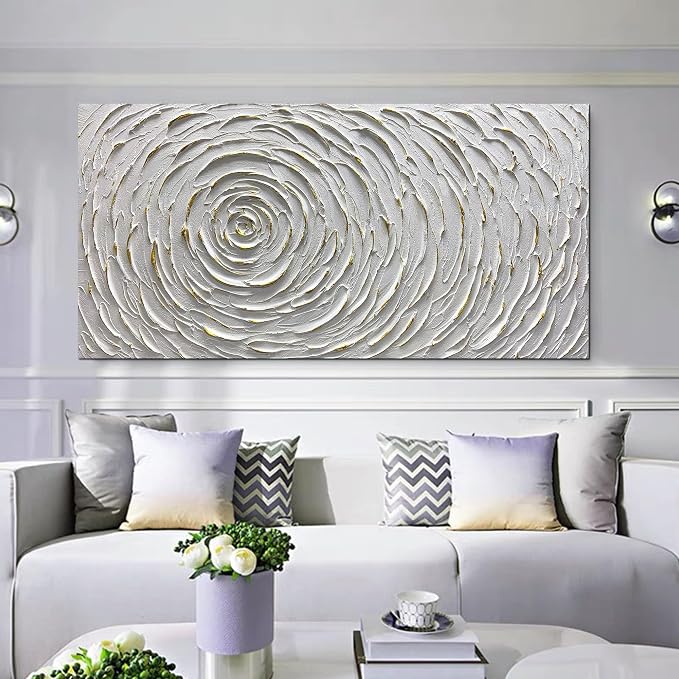 ART8YUQI Paintings - Contemporary Abstract Art Oil Painting On Canvas Texture 3D White painting Handmade Artwork Picture Canvas Wall Art Modern Home Decor living room Ready to Hang 24x48inch