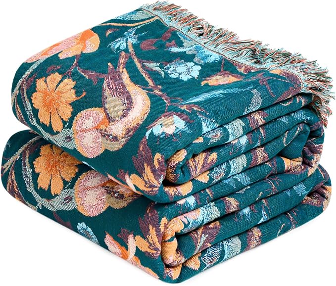 MSGKV Boho Throw Blanket for Bed 60"x80" Cotton Birds Floral Twin Size Couch Blanket Muslin Summer Breathable All Seasons Lightweight Farmhouse Blankets
