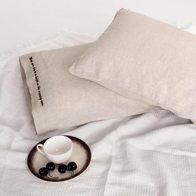 Linen Pillow Cases with Embroidery Design,20"x40" King Size Set of 2,100% French Flax Soft Breathable Handmade Linen Pillowcases,Natural Embroidery