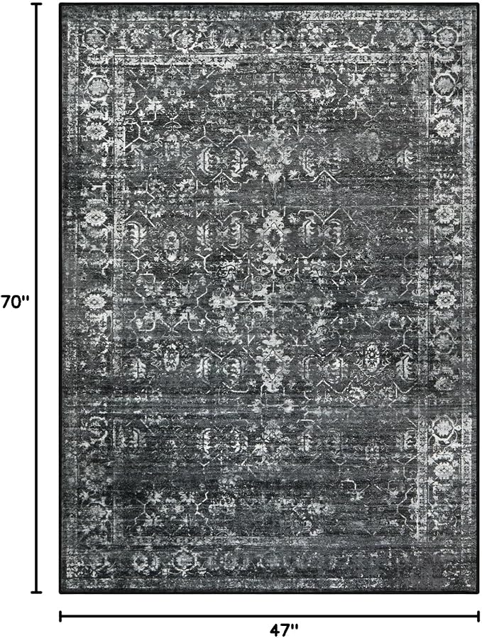 Lahome Margot Vintage 5x7 Area Rugs - Washable Non-Slip Boho Living Room Rugs for Under Table, Black Low Profile Soft Faux Wool for Bedroom, Dinning Room, Nursery, Playroom