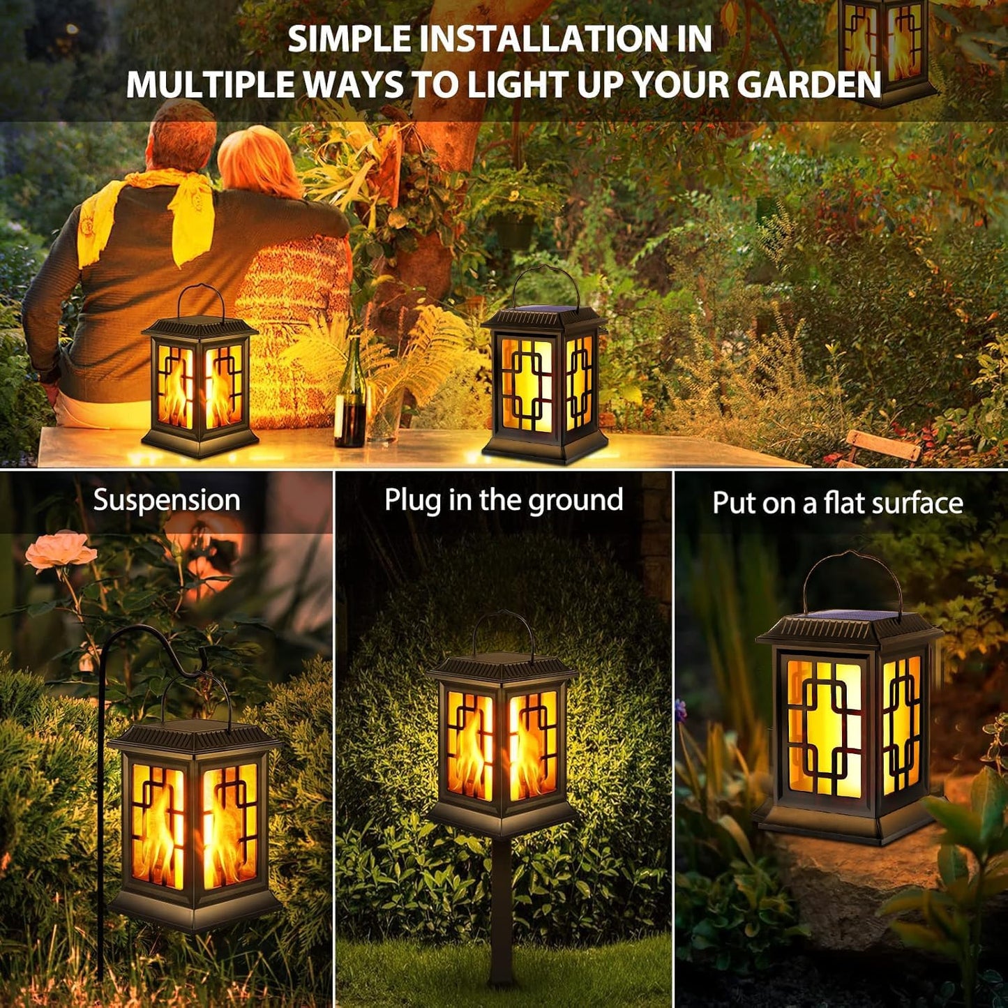 Flickering Solar Lantern Outdoor, Waterproof Hanging Flame Solar Powered Lantern for Pathway, Tabletop, Patio, Garden Decoratives (2 Pack)