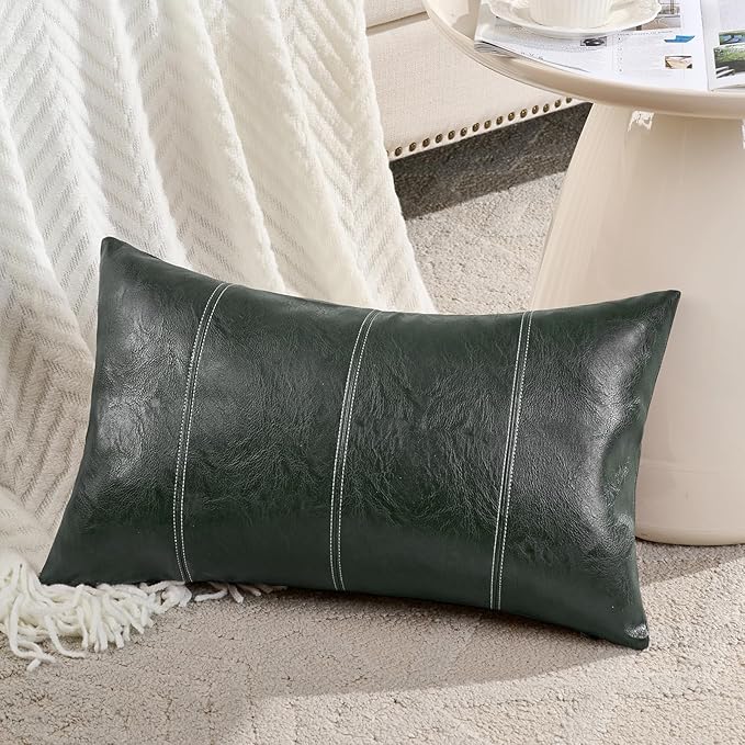 Fancy Homi Dark Green Lumbar Faux Leather Decorative Throw Pillow Covers 12x20 Inch for Living Room Couch Bed, Modern Farmhouse Boho Home Decor, Olive Green Hand Stitched Cushion Case 30x50 cm