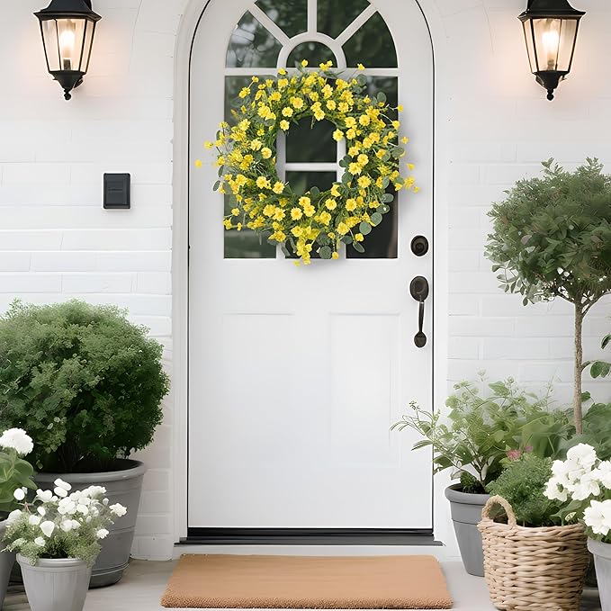 Pinkpum 22 Inch Yelllow Daisy Eucalyptus Wreath, Artificial Spring Summer Floral Wreath for Front Door, Farmhouse Wedding Wall Window Decor