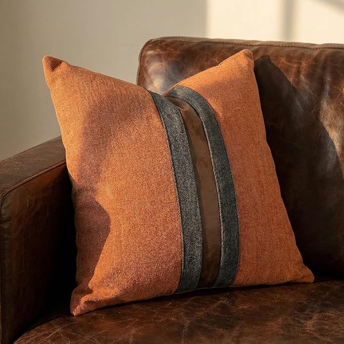 BOYSUM Set of 2 Leather Throw Pillow Covers Cotton Linen Decor Patchwork Pillow Cover Faux Leather Pillows Cover for Couch Sofa Living Room Bedroom,Orange 20"x20"