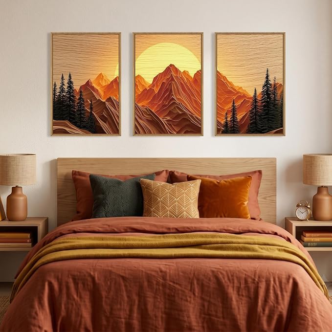 Large Boho Golden Mountain Framed Canvas Wall Art Set, Abstract Ridge Sunset Landscape Wall Decor, Natural Wooden Pine Tree Scenery Artwork for Living Room,Bedroom,Office-24 x36 x3