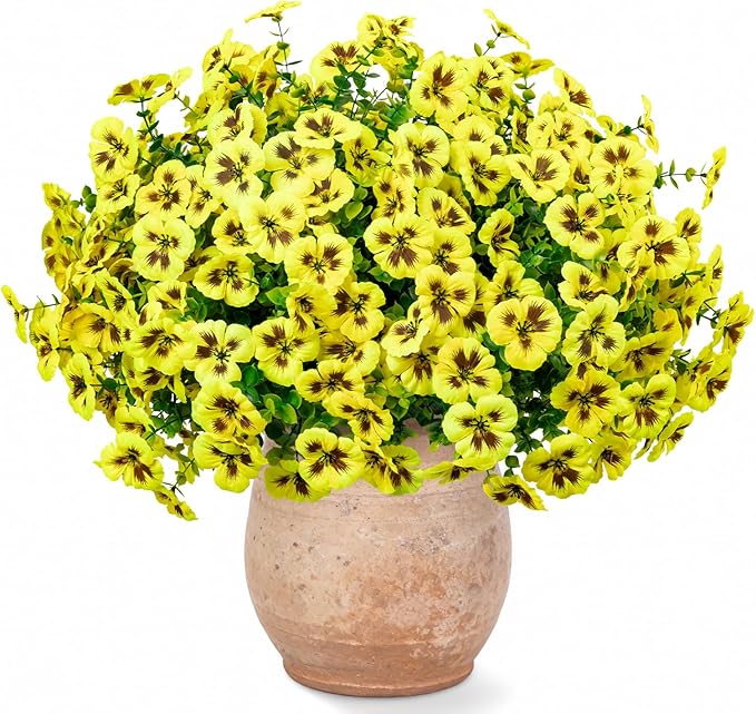 24 Pcs Artificial Fake Pansy Flowers for Outdoor,Faux Silk Plants Flowers UV Resistant Pansies Spring Flowers for Planter Front Door Porch Yard Patio Garden Window Box Home Decor(Yellow)