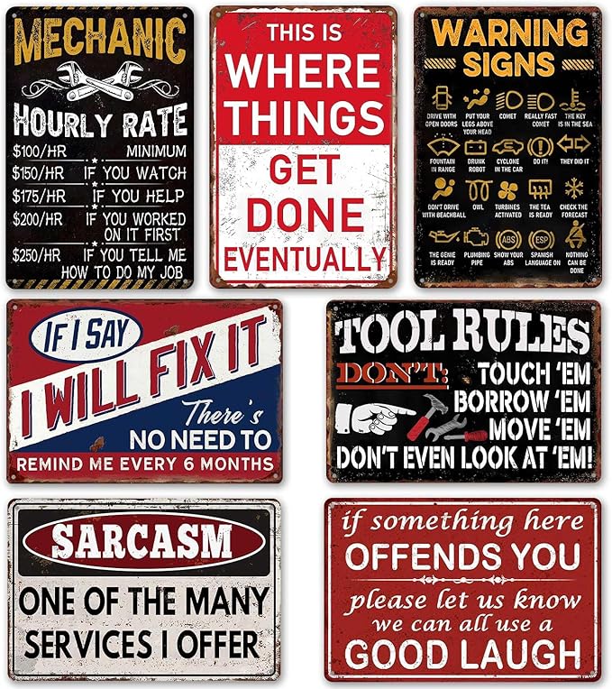 Funny Garage Metal Signs Vintage Man Cave Decor for Men - Retro Car Room Wall Art Posters, Mechanic Shop Signs & Mens Garage Gifts 7 Piece Set (8×12 Inch)