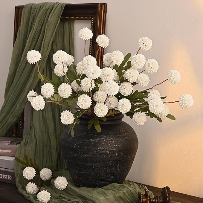 Waipfaru 10pcs Fake Silk Pompon Mum Artificial Flowers, Bulk Faux Mini Chrysanthemums, for Centerpieces Wedding Fillers Champagne Arrangements Shower Decorations, White
