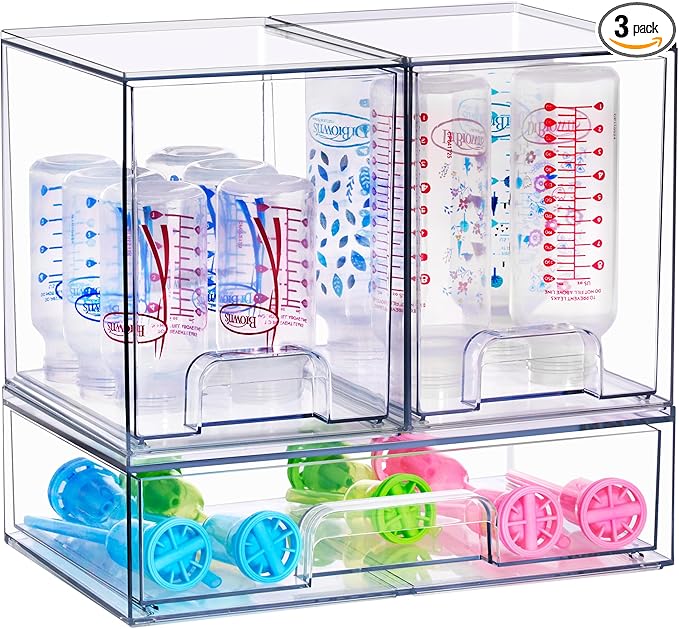 Sorbus Stackable Acrylic Storage Drawers – 2 Tall + 1 Wide – 3 Pack Clear Plastic Organizer Bins for Baby Bottles, Makeup, Bathroom & Vanity, Pull-Out Drawer Design for Kitchen Cabinets
