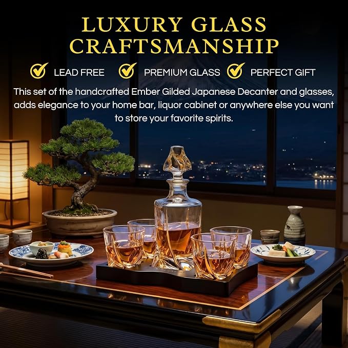 Ember Gilded Japanese Crystal Whisky Decanter Set with 4 Tumbler Glasses, Lead-Free Liquor Carafe & 10oz Rocks Glasses - Scotch Bourbon, Spirits & Wood Base Elegant Barware Gift for Men, Japan Design