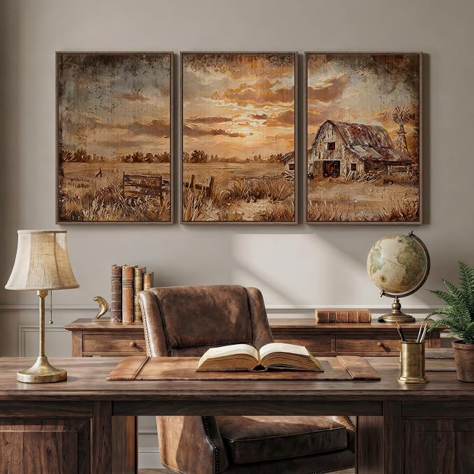 Large Farmhouse Landscape Wall Art for Living Room, Framed Vintage Country Sunset Canvas Prints Set of 3 , Retro Rustic Barn and Field Pictures for Bedroom Dining Room Hallway Office Wall Decor 20x30 Inch