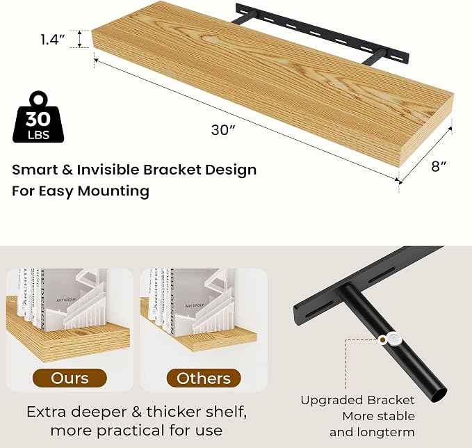 Dreamland 30Inch Floating Shelves for Wall 8" Deep Light Brown Set of 2 | Wall shelves for bathroom, bedroom, Living Room, kitchen, deep wall mount wood storage display for home decor 30" x 8"