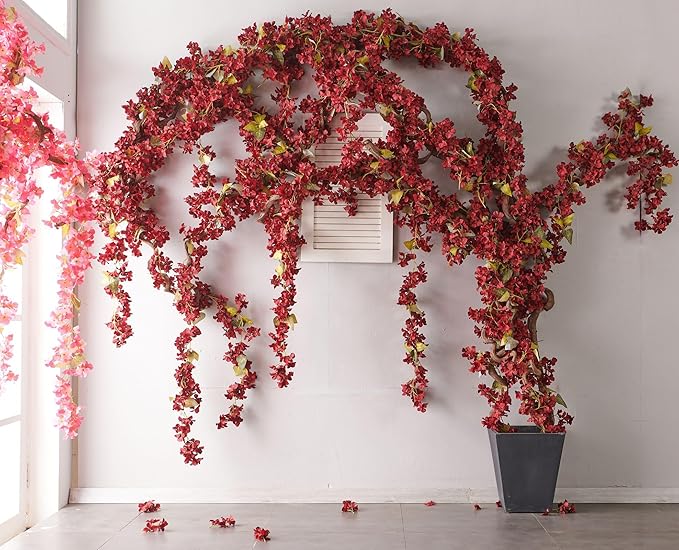 PONKING Flower Garland, Artificial Hydrangea Vine Flowers, Hanging Fake Hydrangeas Vine for Room Anniversary Wedding Birthday Christmas Wall Arch Decor, 2 Pcs, Floral Garland, Red Flower