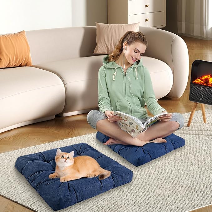 Meditation Floor Cushions Set of 2, Thickened Floor Pillow for Adults, Large Square Pillows Seat Cushion for Tatami Living Room Yoga, Memory Sponge Block Added, 22x22 Inch, Drak Blue
