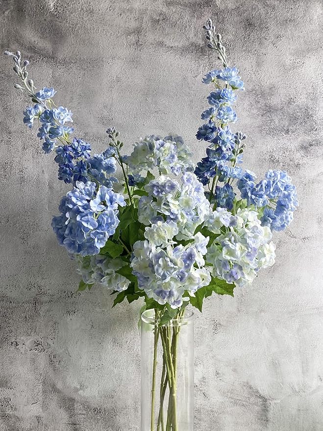 YalzoneMet 4 Pcs Artificial Snowball Viburnum Hydrangea Flower 26.8'' Blue Small Real Touch Faux Latex Long Stem for Christmas Home Decoration Xmas Table