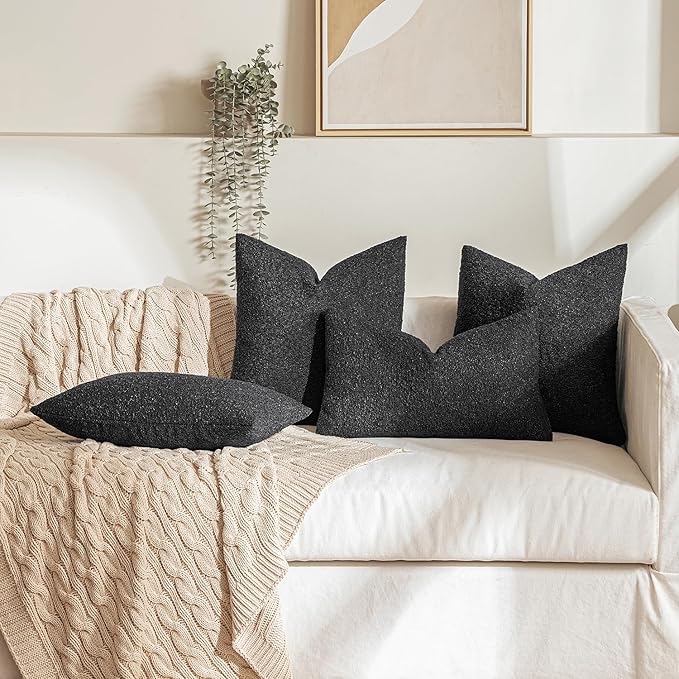 MIULEE 18x18 Inch Decorative Pillow Covers for Couch Bed Set of 2 Textured Boucle Neutral Throw Pillow Covers Black Accent Solid Pillowcases Sofa Living Room Home Decor