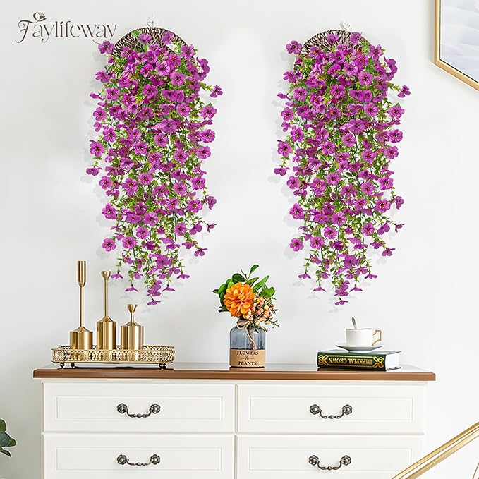 Artificial Hanging Flowers for Outdoors Spring Summer Decoration, 8PCS UV Resistant Silk Fake Hanging Plants for Patio Porch Front Yard Window Garden Indoor Decor(Purple,8PCS)