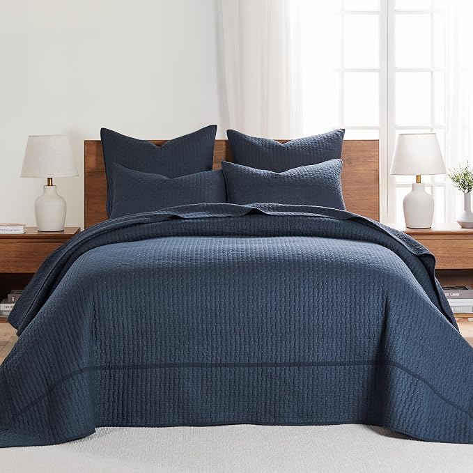Levtex Home Cross Stitch Reversible Full Bedspread Set (100x104in) with 2 Pillow Shams (26x20in) - Stitch Texture - Navy - 100% Cotton Full Size Bedspread Set - Lightweight, Soft, Pre-Washed