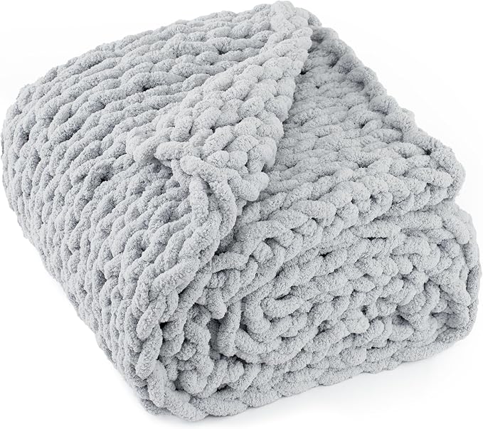 Chunky Knit Throw Blanket 50x60, 100% Handmade Chenille Yarn | 4.4lbs Soft Thick Cable Knitted Blankets, Large Rope Knot Crochet Throws for Couch Sofa Bed Machine Washable, Grey