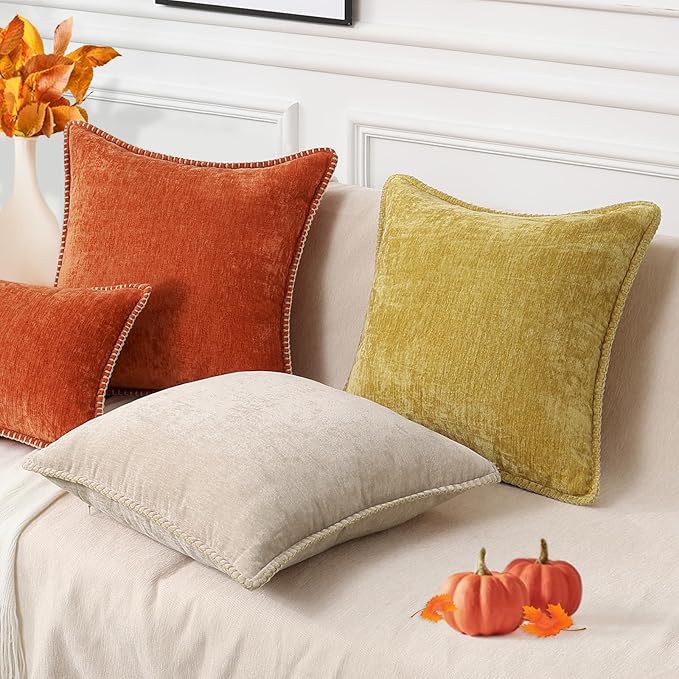 decorUhome Chenille Soft Cozy Throw Pillow Covers 12x20 Set of 2, Modern Farmhouse Boho Velvet Decorative Pillow Cases with Stitched Edge for Couch Sofa Bed Home Decor, Rust