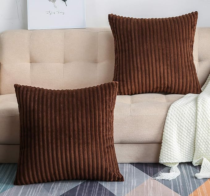 TangDepot Velvet Big Corduroy Pillow Covers 24x24 Brown 2-Pack | Soft wide-stripe corduroy pillow cover, hidden zipper, machine washable, easy refresh, for bedroom living room indoor outdoor