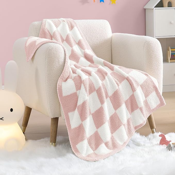 WRENSONGE Soft Checkered Throw Blanket for Couch-Cozy Warm Knitted Blankets | Lightweight Fluffy Decor for Boys & Girls, Sofa, Chair, Bed, 30x40in,Pink