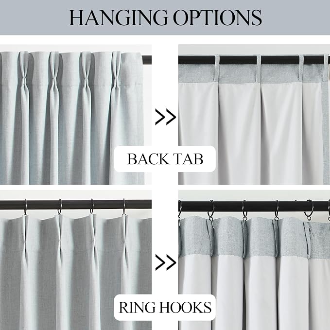 Vision Home Blue Gray Pinch Pleated Full Blackout Curtains Linen Blended Room Darkening Window Curtains 112 inch for Living Room Bedroom Thermal Insulated Pinch Pleat Drapes with Hooks 40" Wx112 Lx2