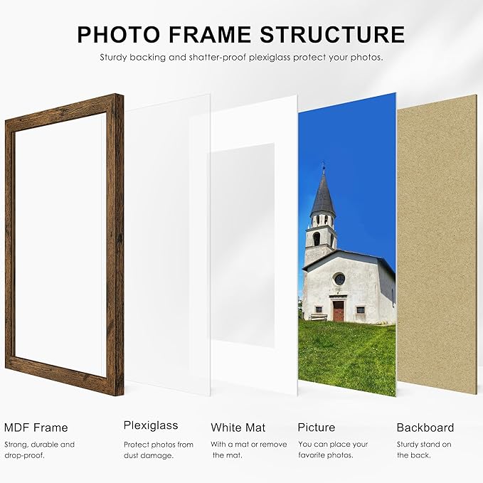 PEALSN 8x10 Picture Frame Set of 6, Display Pictures 5x7 with Mat or 8x10 without Mat for Wall Mounting or Table Top Display, Photo Frames Collage for Wall Decor, Rustic Brown