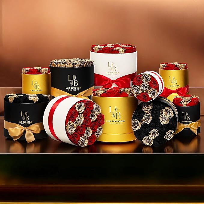 17 Forever Roses in a Box - Luxury Red & Gold Roses, Gold Roses, Preserved Roses Gifts for Women, Forever Flowers Gifts for Wife, Roses for Delivery Prime (Gold Box)