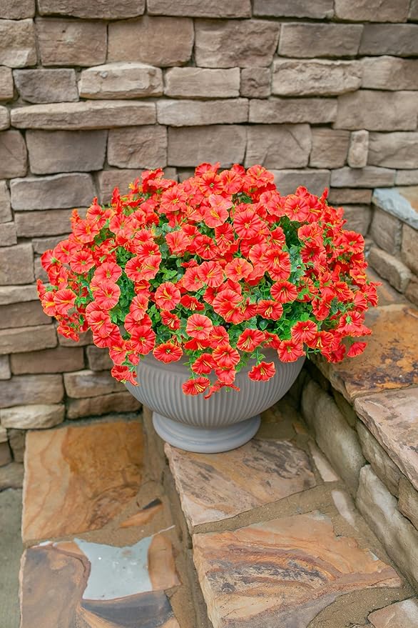 Artificial Flowers for Outdoors Fake Plants Spring Summer Decor, 12 Bundles Orange Silk Morning Glory with Eucalyptus Look Real UV Resistant Faux Flowers for Outside Planters Front Door Yard Indoor