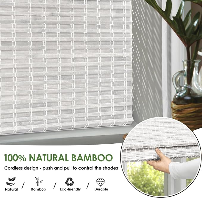 LazBlinds Cordless Bamboo Roman Shades, 33x64, Alpine Ivory | Privacy Blinds for Interior Windows, Room Darkening Roll Up Bamboo Blinds for Home & Patio