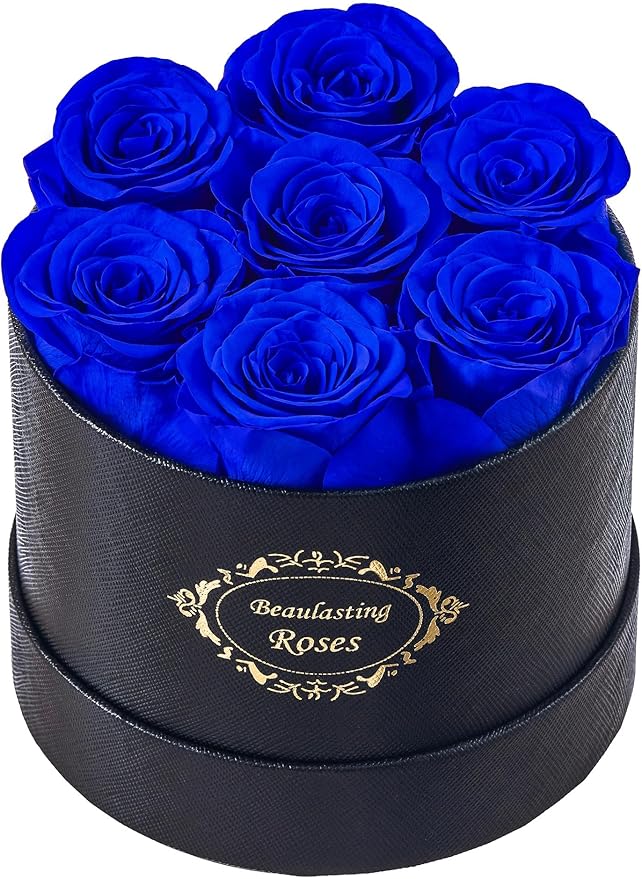 Beaulasting Long Lasting Preserved Roses in a Box Last a Year Forever Flowers for Her Mom Wife Anniversary Birthday (Round Black Box, Royal Blue)