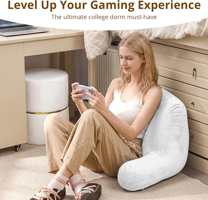 Sasttie Reading Pillow, Velvet Back Pillow for Bed Sitting Up, Adult Back-Rest Support Cushion with Arms for Sit Up on Couch, Sofa, and Floor, Dorm Essentials, Reading Accessories, White