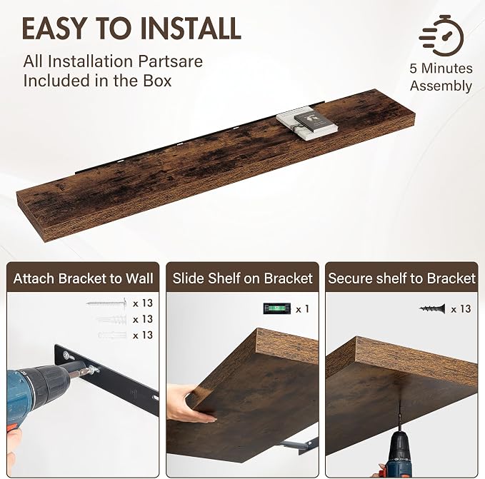 Acovy 72 Inch Floating Shelves, 12" Deep Floating Shelf Wall Mounted, 72" Wall Shelves, Rustic Deep Bookshelf, Extra Deeper & Thicker Display Shelves for Bedroom, Living Room, Brown, Set of 1