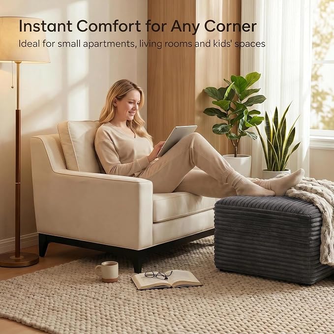 37.4" Charcoal Plush Corduroy Ottoman, Upholstered Cloud Ottoman for Boneless Couch in a Box, Modular Sectional Couches for Living Room Bedroom, Compressed Memory Foam, No Assembly Require, Dark Grey