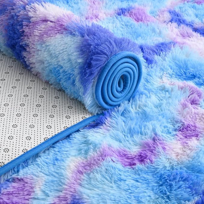 AROGAN 2x4 Feet Soft Runner Rugs for Bedroom Plush Fluffy Rug, Shag Furry Area Rug Carpet Non Shedding for Nursery Children Kids Girls Room Home Hallways Decorative, Blue and Purple