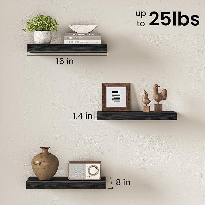 Fun Memories 16Inch Floating Shelves for Wall, 8 Inch Deep Shelves for Bathroom|Bedroom|Kitchen Wall Mounted, Wood Hanging Shelf with Invisible Brackets for Home Storage Decor, Black - 3 Pack
