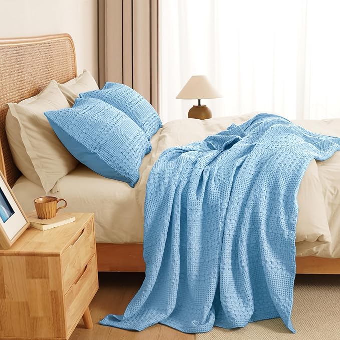 PHF 100% Cotton Waffle Throw Blanket for Couch, Lightweight Breathable and Soft for Summer, Luxury Aesthetic Waffle Weave Blanket for Home Decor & Office, Gifts for Women, 50"x60", Airy Blue