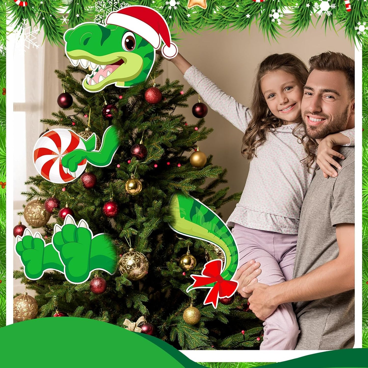 Dinosaur Christmas Tree Topper Decorations Head Arms and Legs Funny Xmas Ornament Decor for DIY Xmas Party Decorations Holidays Indoor Home Gift Party Supplies